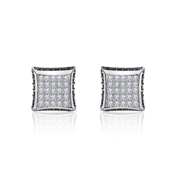 Sterling Silver Black/White CZ Square Stud Earring - Picture 1 of 4